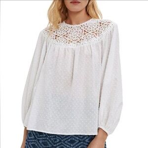 Maje white textured cotton crochet yoke detail high neck blouse